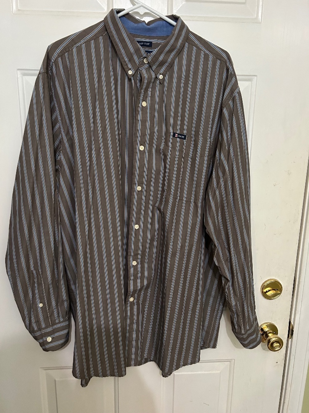 Chaps Long Sleeve Dress Shirt, 2XB/2TG, Gray w/light blue and white strips